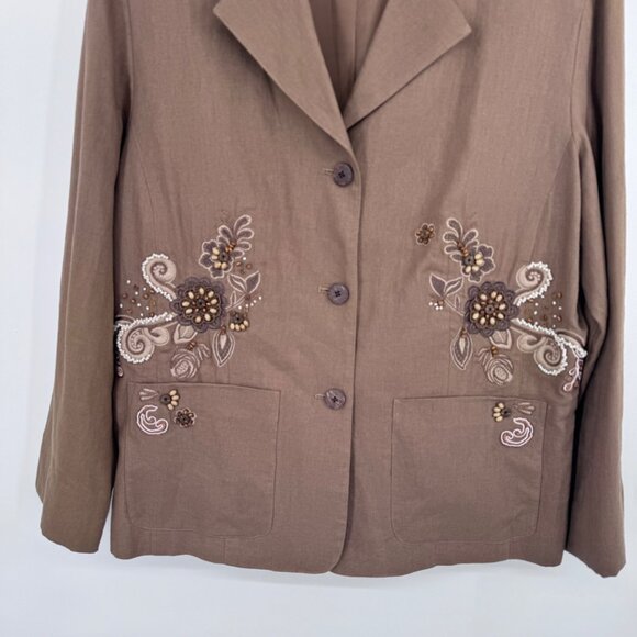 Coldwater Creek Embroidered Beaded Floral linen Jacket Size Large brown pockets - Picture 6 of 11